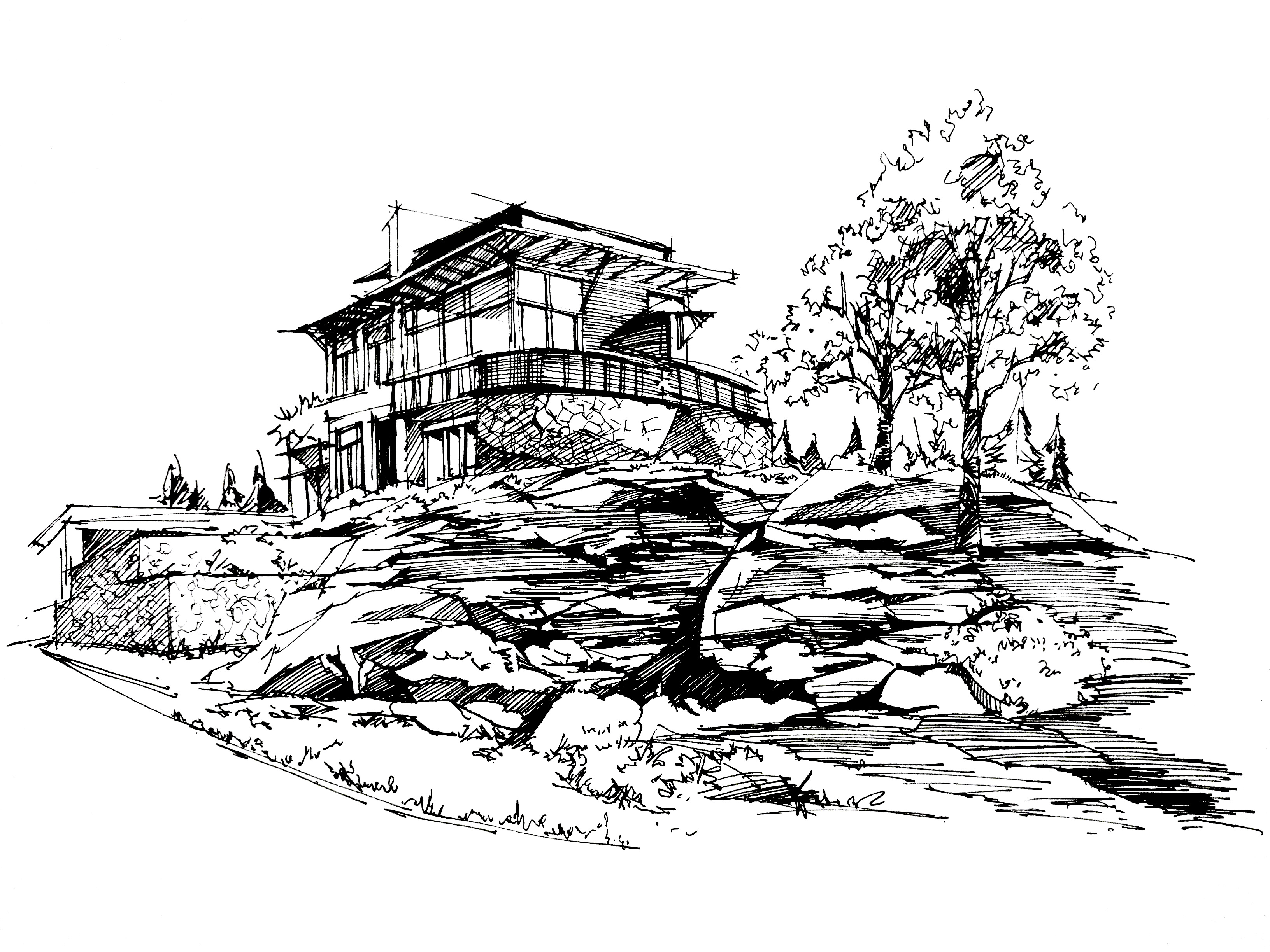 Ink sketch of a house set within a rocky landscape