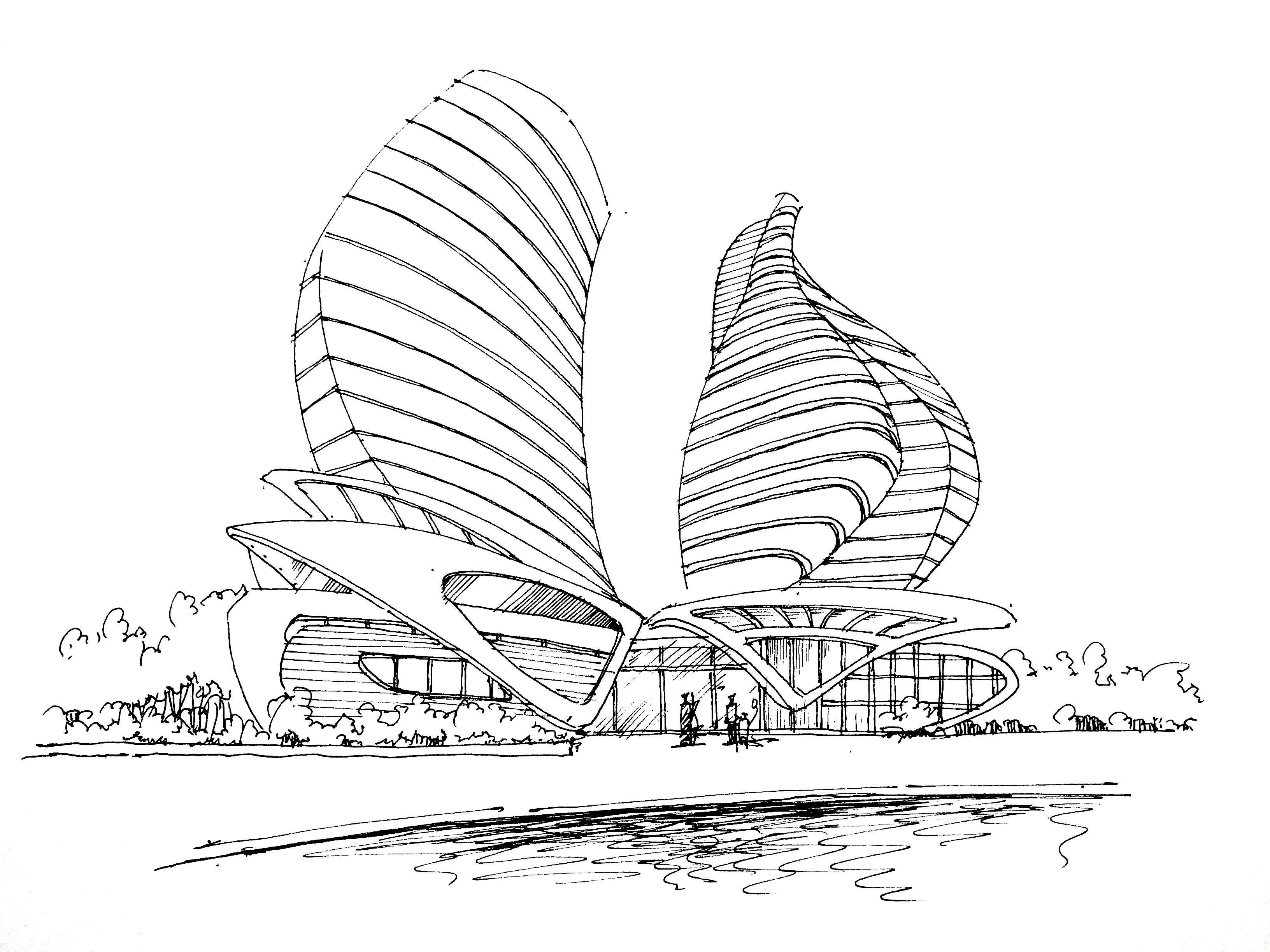 Ink sketch of a curving twin-tower building beside water