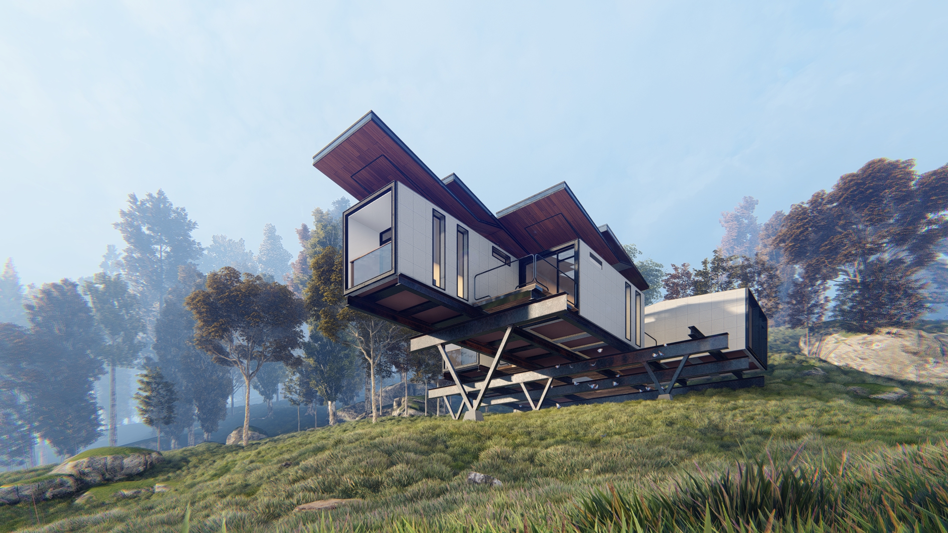 Lumion 9 visualization of a modern hillside residence in clear weather