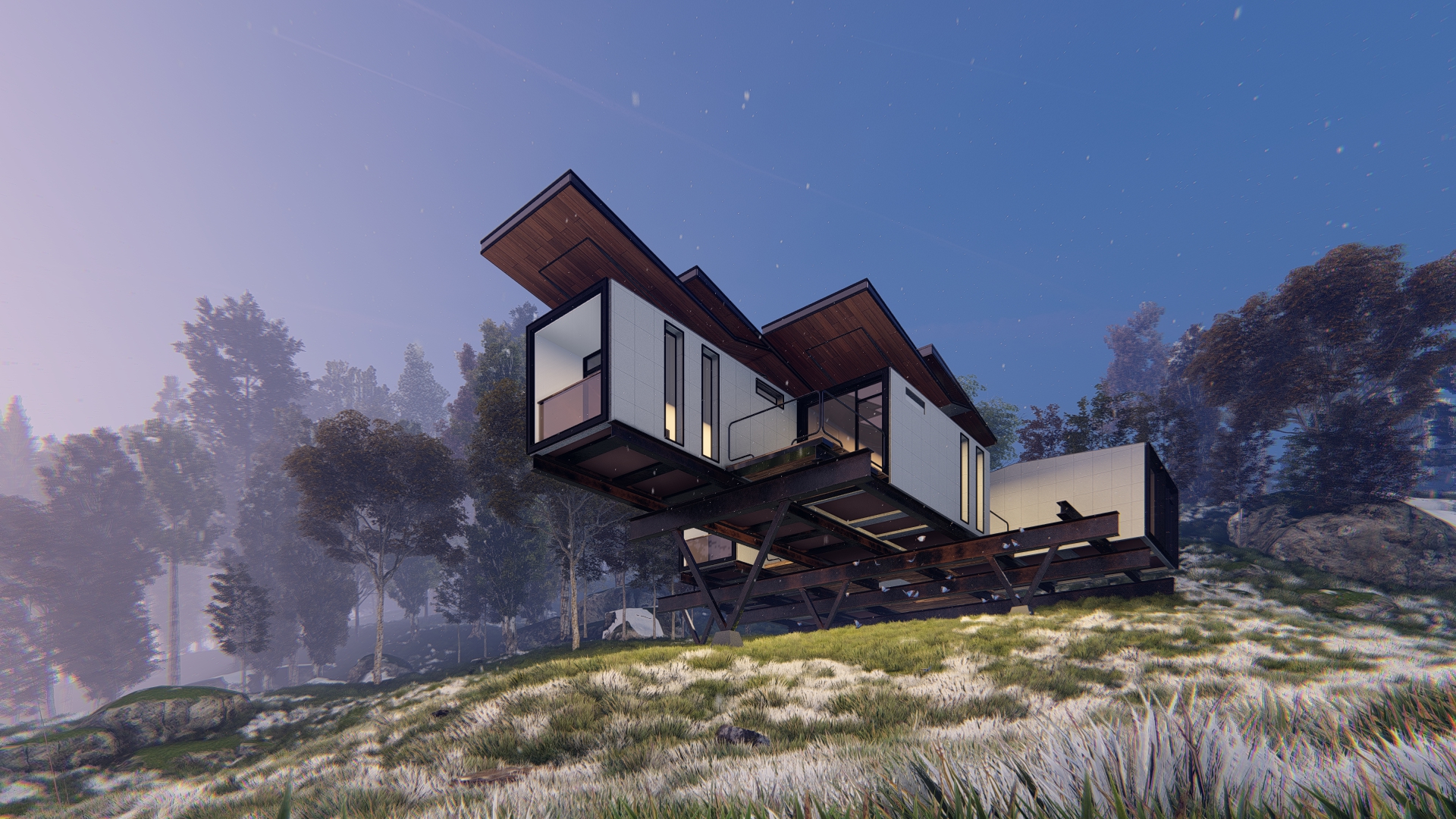 Lumion 9 direct render of the hillside residence in cold blue snowfall