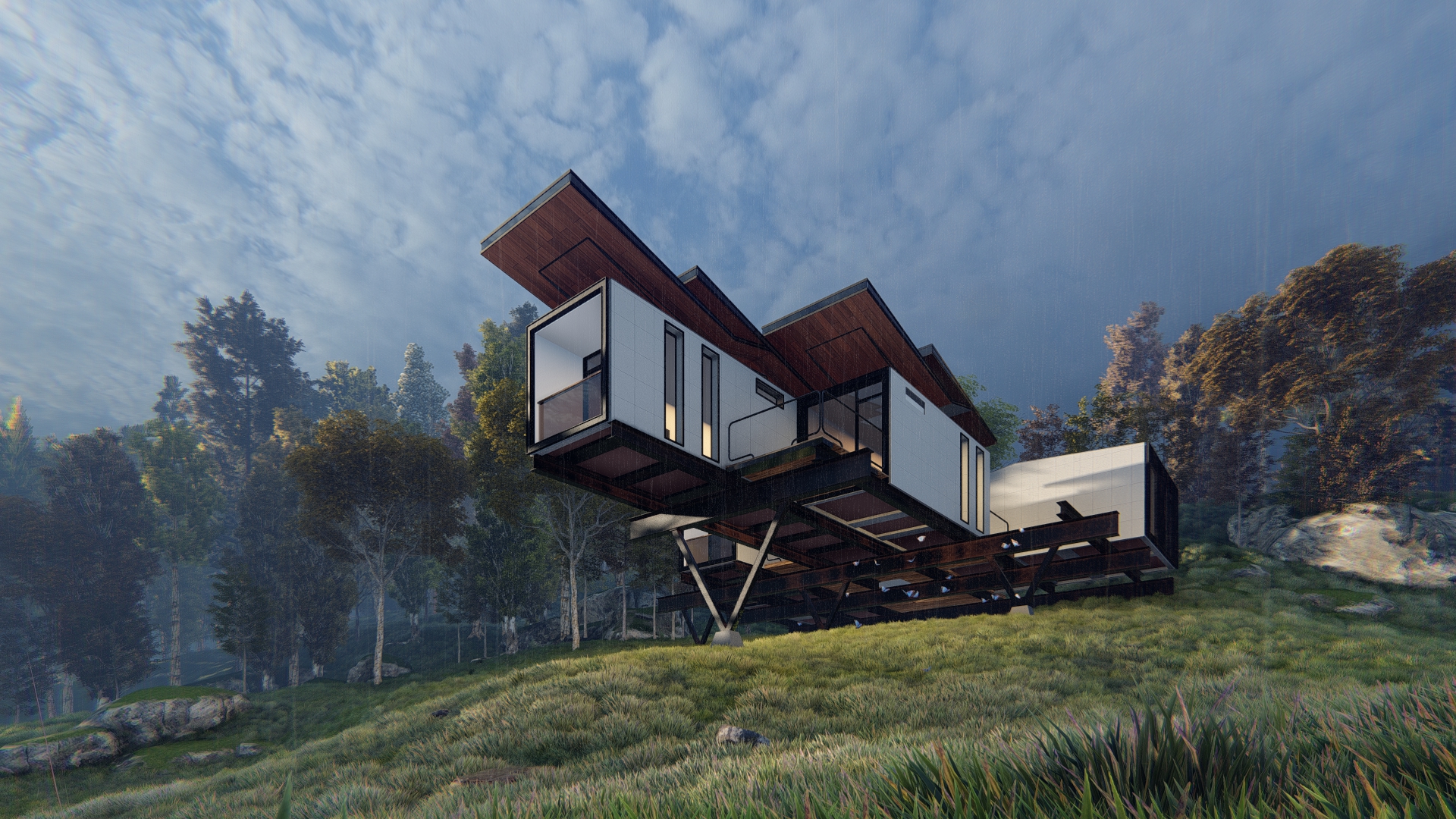 Lumion 9 direct render of the hillside residence in rain