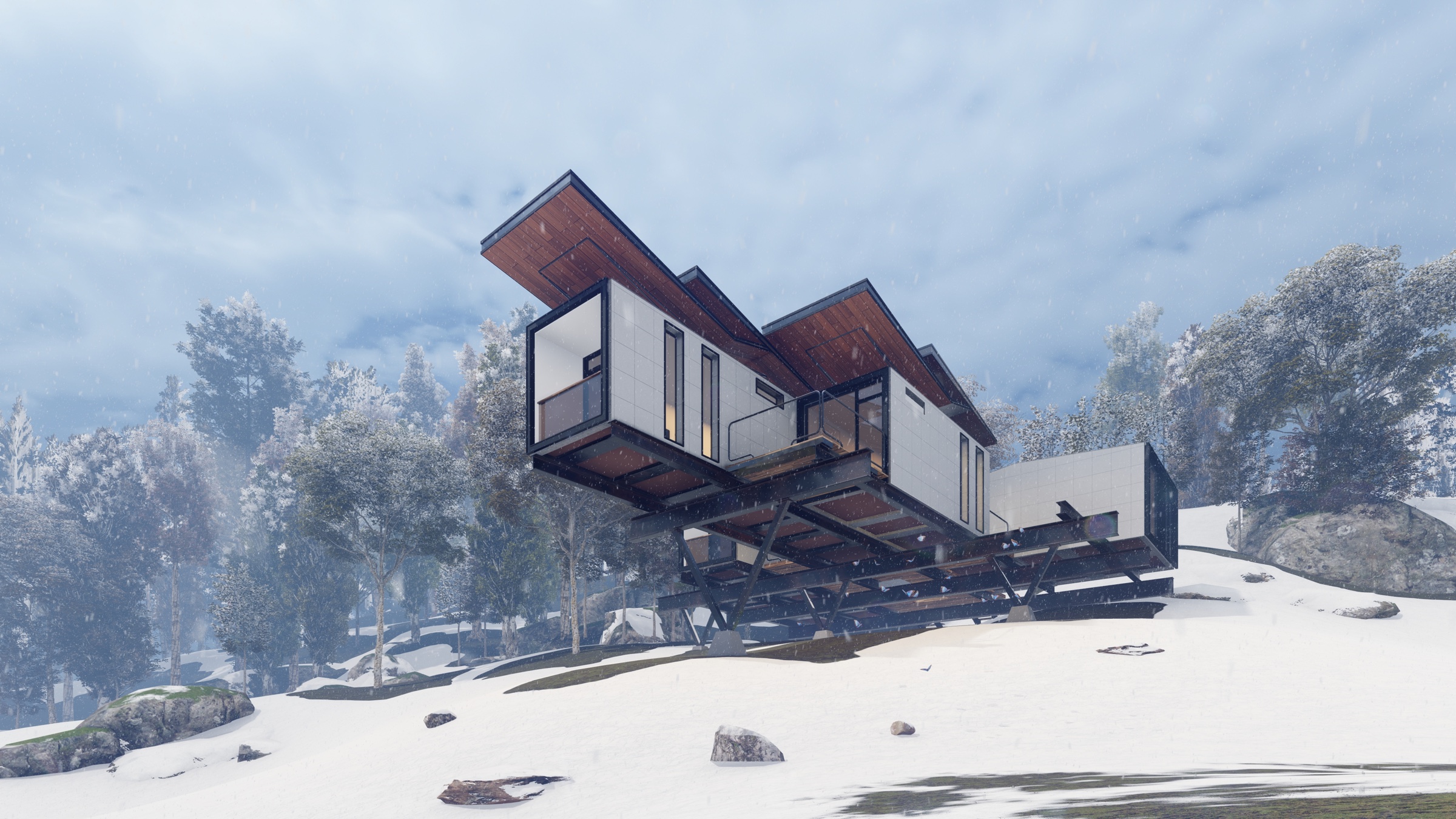 Lumion 9 direct render of the hillside residence in a snow-covered winter landscape