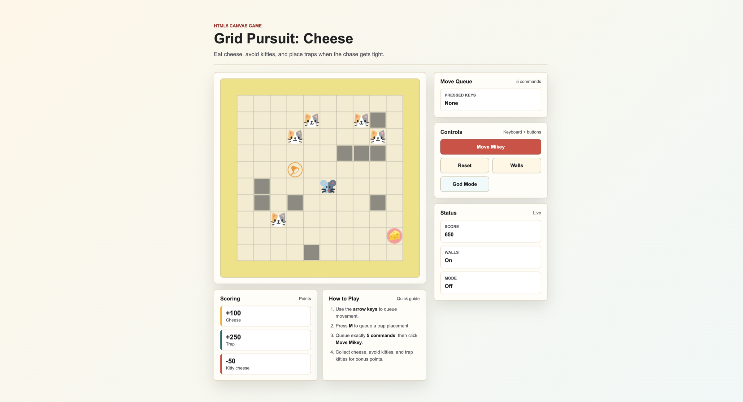 Complete Grid Pursuit Cheese game interface with board, controls, scoring and status panels
