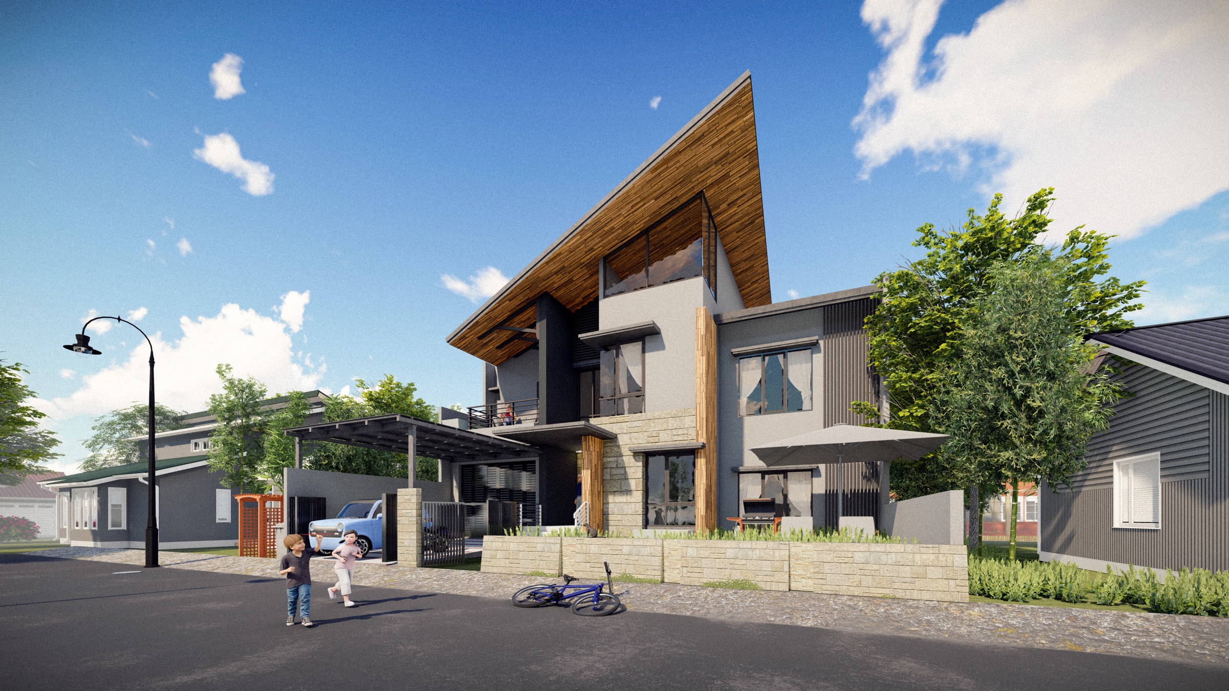 Final visualization of a contemporary house on a residential street