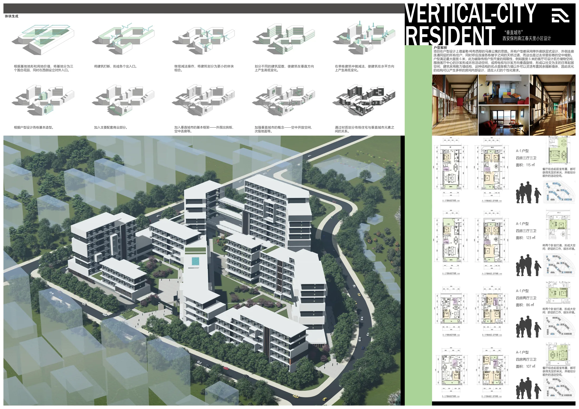 Massing development, aerial view and housing units